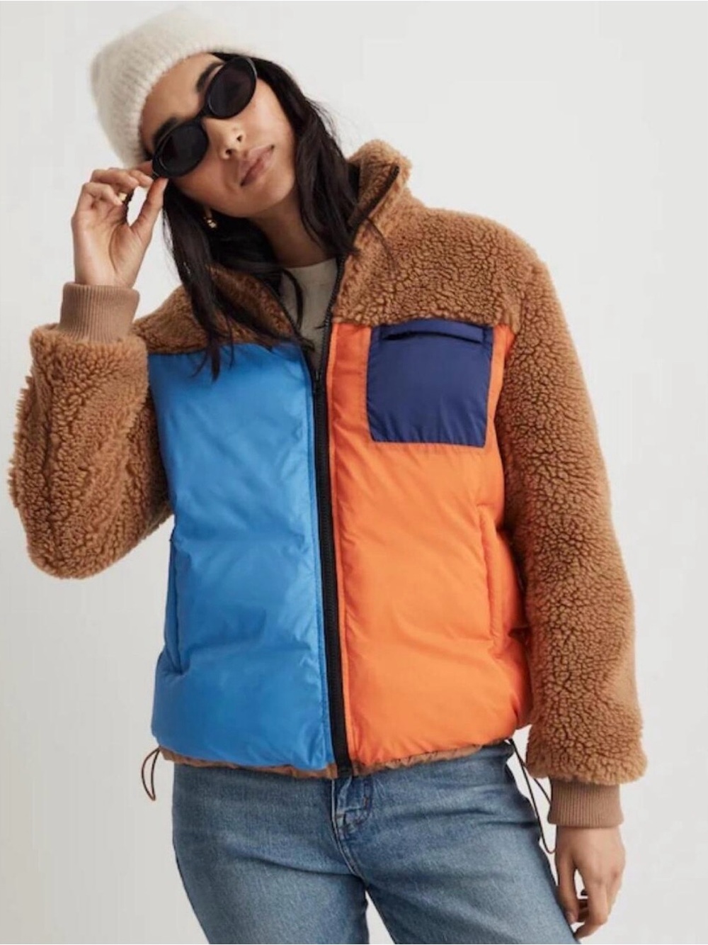 Anthropologie KULE Krispie Colorblock Fleece Jacket in Brown, Blue & Orange